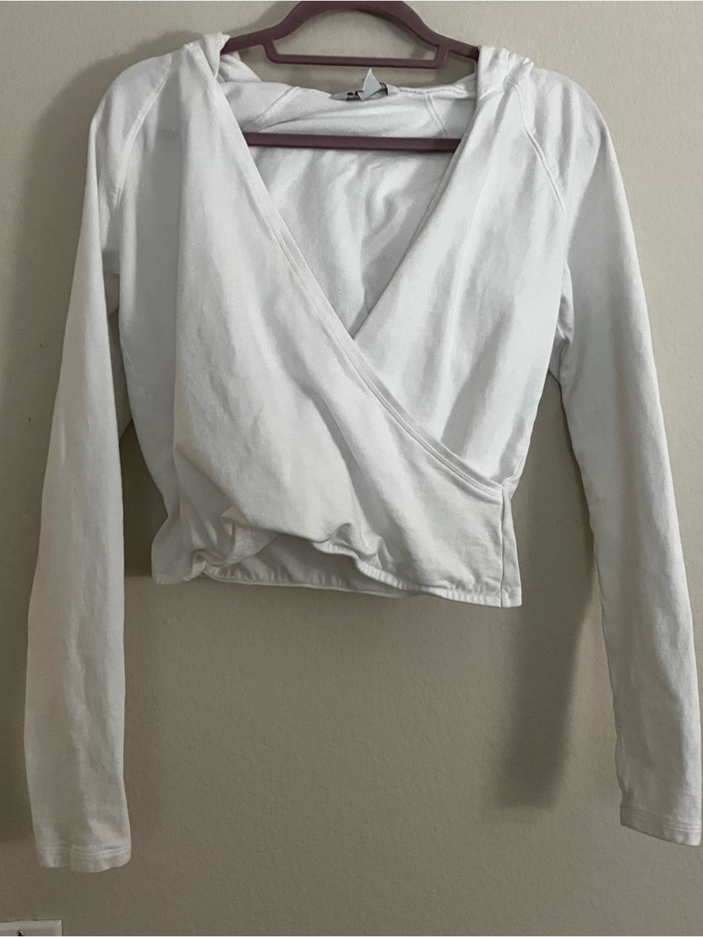 Athleta White Wrap Surplice Crop Hooded Top Small Long Sleeve  FLAW Stain